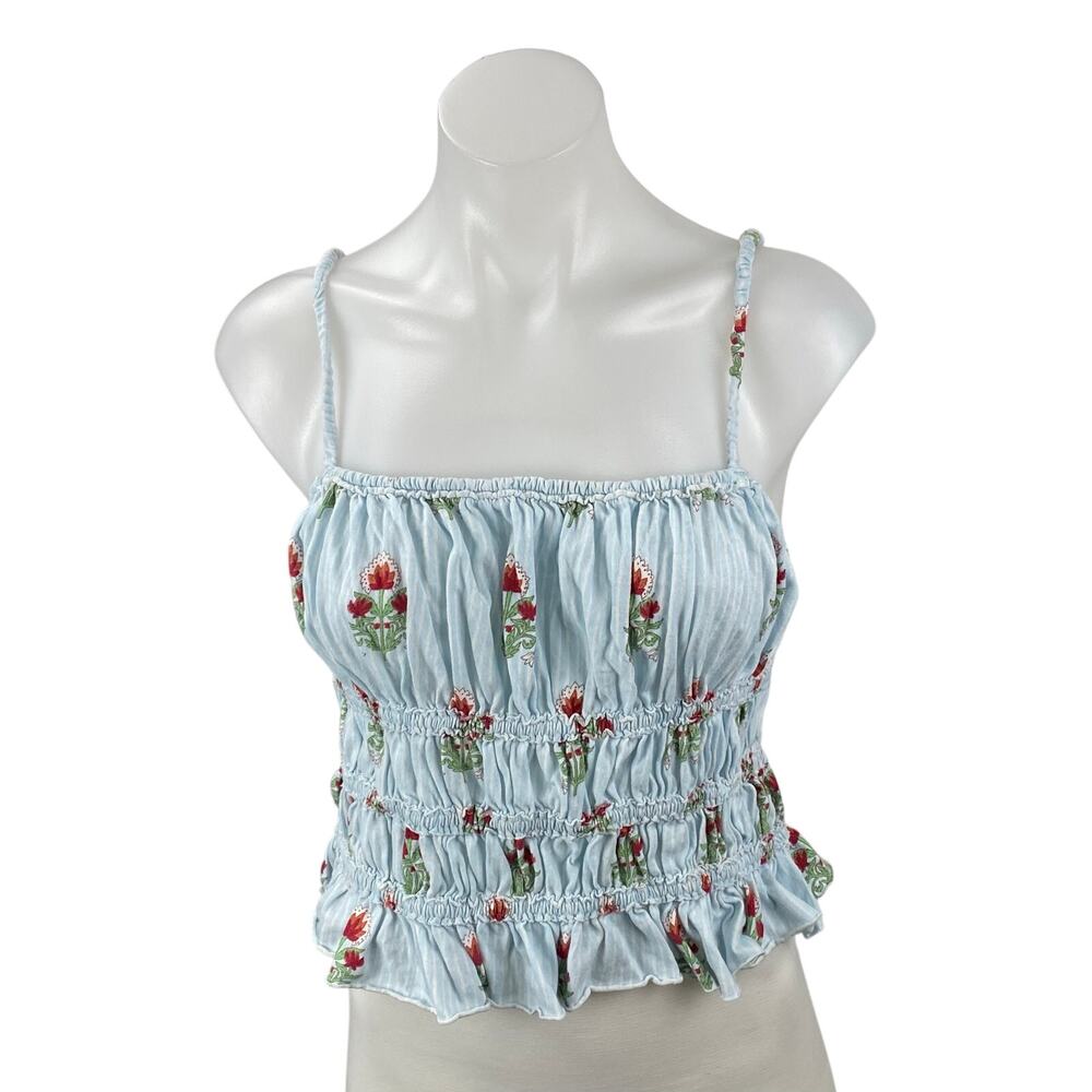 Free People We The Free Dolce Vita Blue Floral Ruffle Ruched Cami Tank Top Sz L